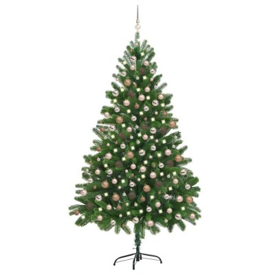 vidaXL Brad Crăciun pre-iluminat artificial set globuri, verde, 210 cm 3077642 foto