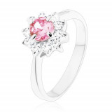 Inel lucios cu floare din zirconii de culoare roz și transparente, brațe &icirc;ngustate - Marime inel: 57