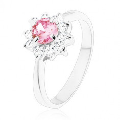 Inel lucios cu floare din zirconii de culoare roz și transparente, brațe îngustate - Marime inel: 61