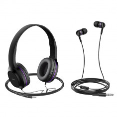 Set Casti Audio + Casti Telefon cu Microfon (Violet) HOCO W24 foto