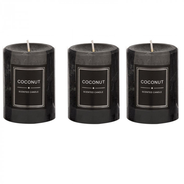 Set 3 lumanari parfumate cu aroma de nuca de cocos, Negru