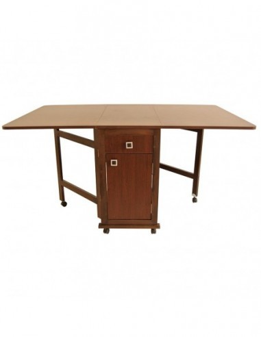 Masa plianta cu spatiu depozitare, usa si sertar, Pal Melaminat, structura lemn masiv, cu role, 8 persoane, 160x96x80 cm, wenge