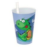 Pahar din plastic cu pai incorporat, Dinozaur, 400 ml, Albastru, CMCLASS