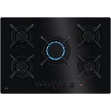 Plita incorporabila pe gaz AEG HKB75453NB, 75 cm, conexiune Hob2Hood, Gratare de fonta, Sticla neagra