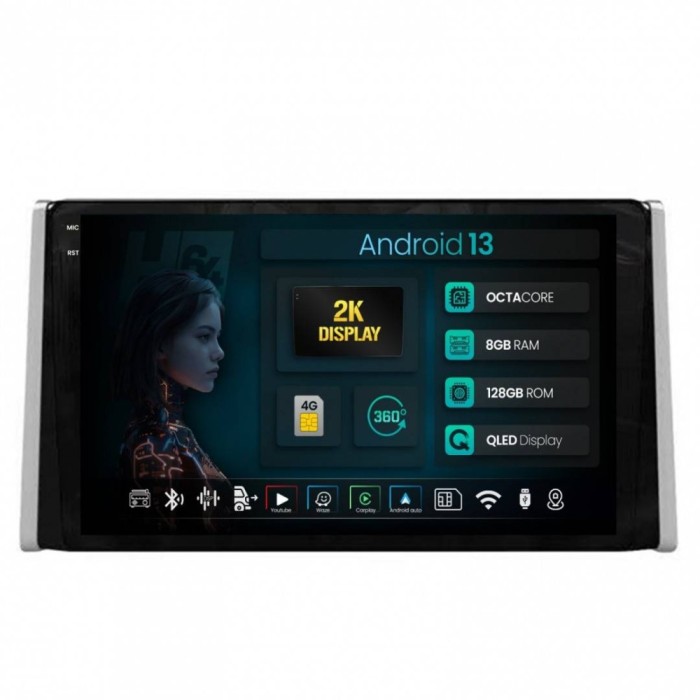 Navigatie 2K Toyota RAV4 (2018+) 8GB RAM Android 13 Octacore Slot Sim 4G DSP GPS Wi-FI Carplay Android Auto USB Bluetooth Waze Touchscreen 9.5 Inch