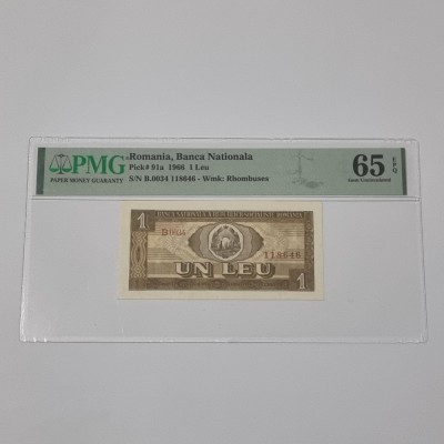 BANCNOTA UNC 1 LEU 1966 GRADATA PMG 65 EPQ foto