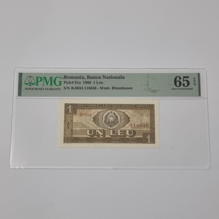 BANCNOTA UNC 1 LEU 1966 GRADATA PMG 65 EPQ