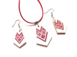 Set Bijuterii Lemn Handmade, Motiv Traditional, Colier &amp; Cercei Decoupage, 40/30mm