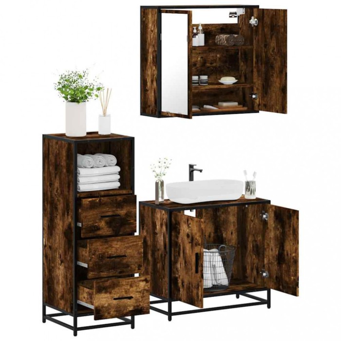 Gossi set mobilier de baie, 3 piese, stejar fumuriu, lemn prelucrat
