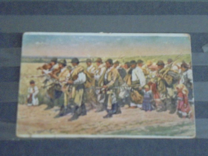 CEHIA - REPRODUCERE DUPA PICTURA LUI JOZA UPRIKA (1861- 1940 ), TARANI INTORCANDUSE DUPA MUNCA CAMPULUI CU LAUTARI - CIRCULATA IN 1919 -