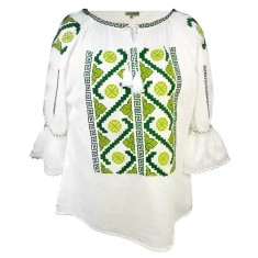 Bluza Tip Ie Traditionala Alba cu Motiv Geometric Verde de Dama - IMS58
