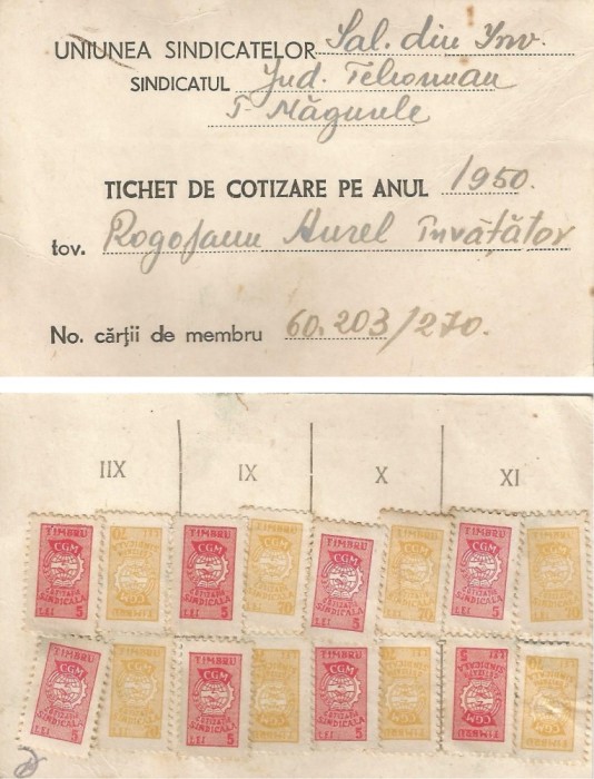 Romania, Uniunea Sindicatelor din Invatamant, Tichet de cotizare, Turnu Magurele, 1950