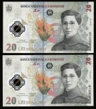 Romania, lot 2 bancnote 20 lei 2021 UNC din fisic