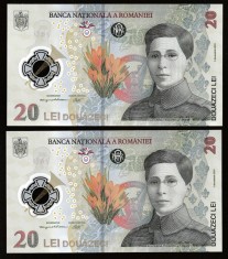 Romania, lot 2 bancnote 20 lei 2021 UNC din fisic