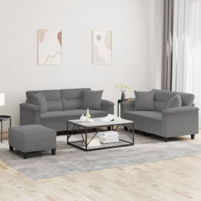 vidaXL Set de canapele cu perne, 3 piese, gri &amp;icirc;nchis, microfibră foto