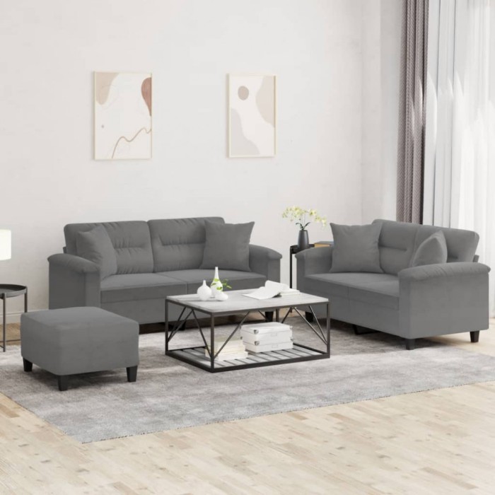 vidaXL Set de canapele cu perne, 3 piese, gri &icirc;nchis, microfibră