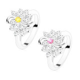Inel de culoare argintie, floare transparentă cu centrul colorat, arcade lucioase - Marime inel: 49, Culoare: Roz