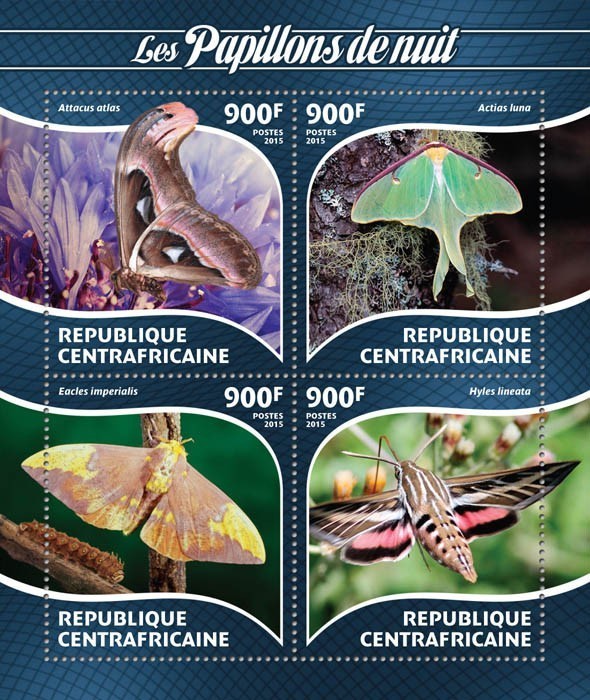 AFRICA CENTRALA 2015 - Fluturi de noapte /set complet-bloc + colita MNH (2 imagini)