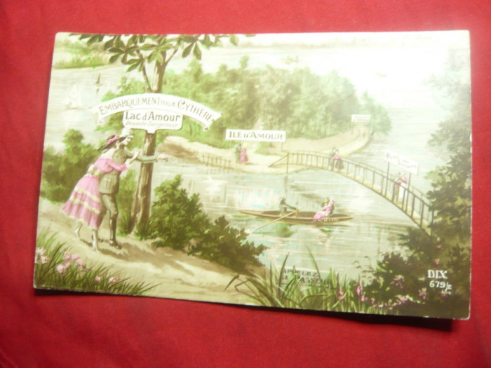 Ilustrata de autor Franta ,interbelica- Lacul si insula Amorului