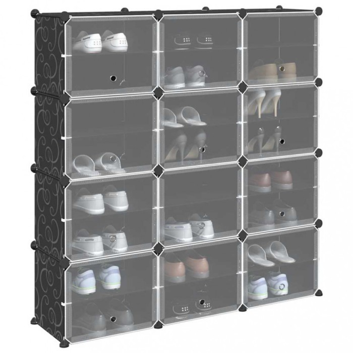 Organizator cub de depozitare cu uși, 12 cuburi, negru, PP