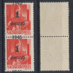 ROMANIA 1945 Oradea pereche verticala 1P pe 5f eroare cu sursarj deplasat, MNH