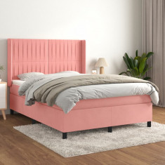 vidaXL Pat box spring cu saltea, roz, 140x200 cm, catifea foto