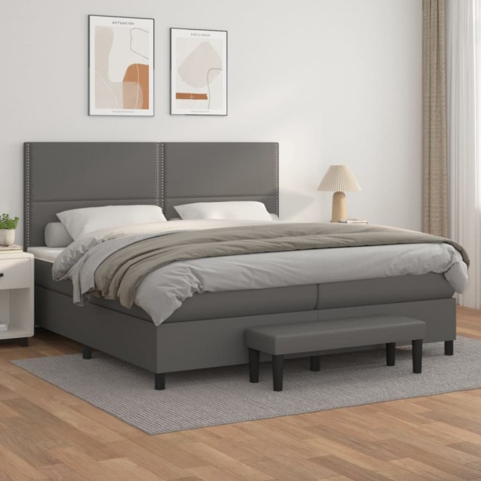 vidaXL Pat box spring cu saltea, gri, 200x200 cm, piele ecologică 3137627