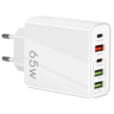 Incarcator retea multiport, fast charge 65W, 5 iesiri (3x USB + 2x USB-C), protectie la supraincalzire, compact si portabil, universal, alb foto