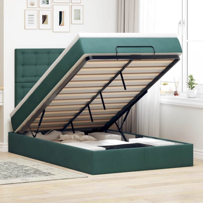 vidaXL Cadru de pat otoman cu saltele, catifea verde &icirc;nchis 120x190cm 3313604