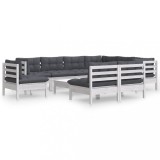 Set mobilier gradina cu perne, 10 piese, alb, lemn masiv pin