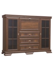 Comoda living cu vitrina VM6, o usa rabatabila pentru bar, 2 usi fixe, 3 sertare, Pal melaminat, cu insertii MDF, Nuc
