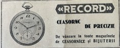 1931 Reclamă rom&acirc;nească Ceasuri de buzunar RECORD in magazinele de CEASORNICE si BIJUTERII Romania interbelica moda lux industrie de precizie