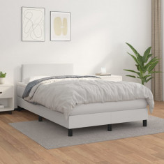 vidaXL Pat box spring cu saltea, alb, 120x200 cm, piele ecologică