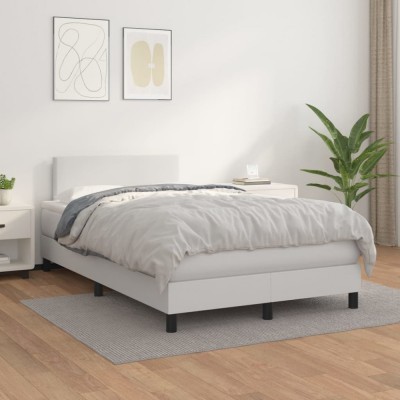 vidaXL Pat box spring cu saltea, alb, 120x200 cm, piele ecologică 3140994 foto