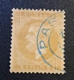 Rom&acirc;nia Clasică - Regele Carol I (Emisiunea "Perle" / București) - 5 Bani Ocru-Galben (Dintelat, Ștampilat cu Tuș Albastru "PAGU...") RO2