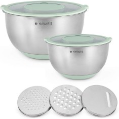 Set 2 boluri metalice multifunctionale cu capac Navaris, 20 cm si 24 cm, 3 razatori, Antiderapant, Inox, Argintiu/Verde, 49210.02.71