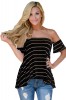 BL918-1 Top casual usor asimetric, cu model in dungi, umerii goi si maneci scurte, L, XL