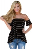 BL918-1 Top casual usor asimetric, cu model in dungi, umerii goi si maneci scurte, L, XL