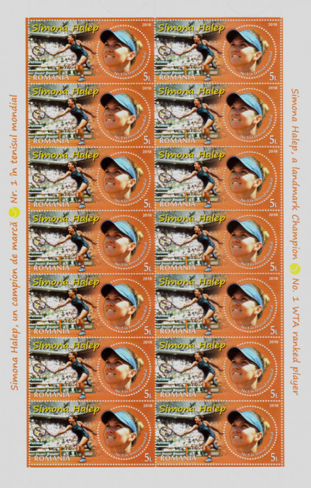 RO 2018 ,LP 2209 ,&quot;Simona Halep ,un campion de marca&quot;, coala intreaga de 14 ,MNH