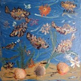 Peisaj acvatic, tehnică mixtă pe p&acirc;nză (pictură şi scoici) semnat RK (2016), Marine, Acrilic, Avangardism