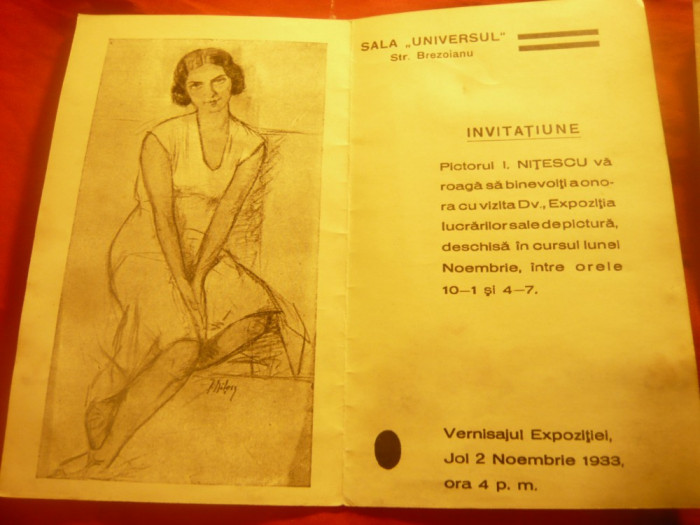 Invitatie la Expozitia Pictorului I.Nitescu la Sala Universul 1933 ,reproducere