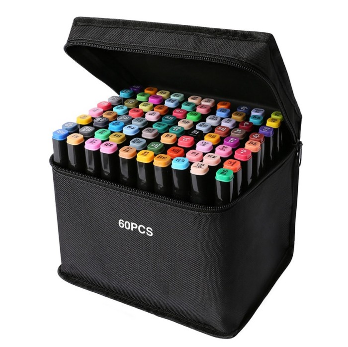 Set 60 markere, 2 capete subtire si gros, geanta de depozitare, Multicolor