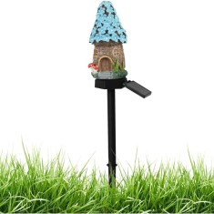 Lampa solara tip casuta de gradina, impermeabila, cu lumina calda, fixare tip tarus, din ABS, negru/albastru