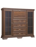 Comoda living cu vitrina VM7, o usa rabatabila pentru bar, 2 usi fixe, 3 sertare, Pal melaminat, cu insertii MDF, Nuc