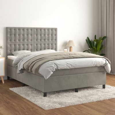 vidaXL Pat box spring cu saltea, gri deschis, 140x200 cm, catifea foto