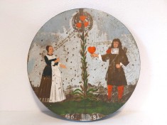 * Pictura pe lemn, reproducere imagine celebra Germania tinta de tir cu ilustratie veche din 1681 cuplu indragostiti