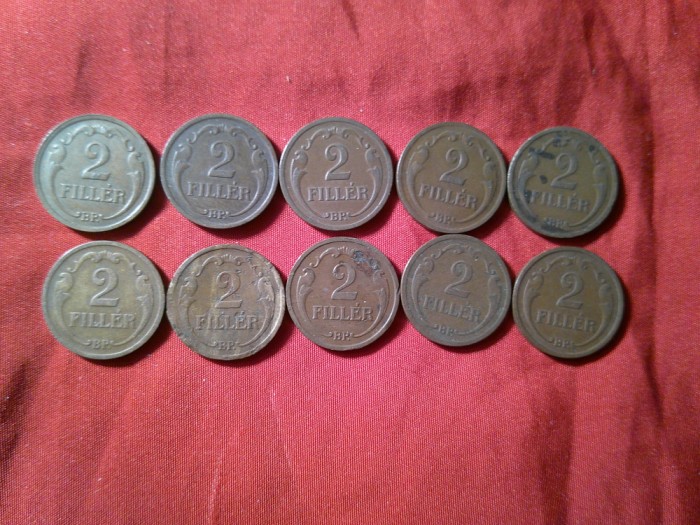 10 Monede Ungaria 2 filler perioada N.Horthy, bronz , cal.buna si f.buna