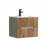 Trent 60 dulap de baie inferior cu chiuvetă ceramică (2 sertare) stejar verde-oliv-sunset