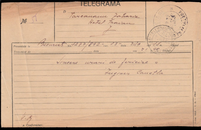 1926 Romania, Telegrama trimisa Bucuresti la Iasi Hotel Traian destinatar armean