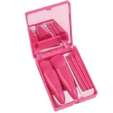 Set 5 mini pensule de machiaj, flippy, portabile, in carcasa cu oglinda, din par sintetic moale, fucsia, 12x7x2.5 cm